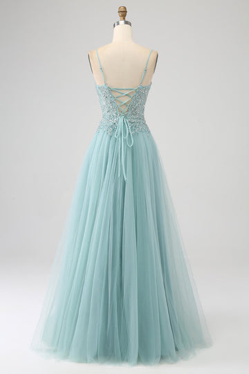 Glittrande ljusgrön A-linjeformad paljettapplikation korsett balklänning med slits